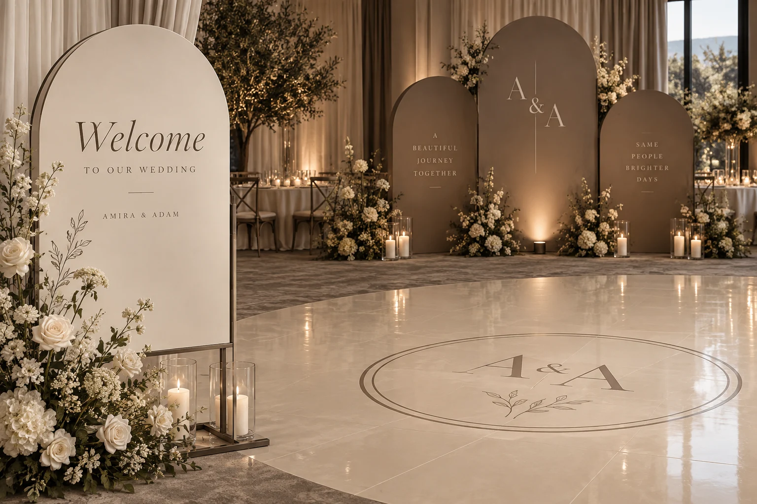 Taupe and ivory wedding signage concept featuring a personalised welcome board, stage signs and a matching dance floor monogram