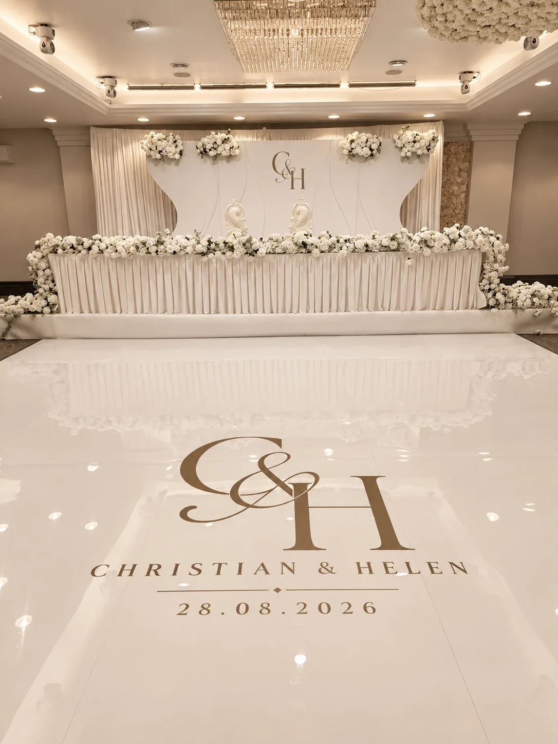 Matching stage and dance floor monograms in a taupe and ivory colour treatment